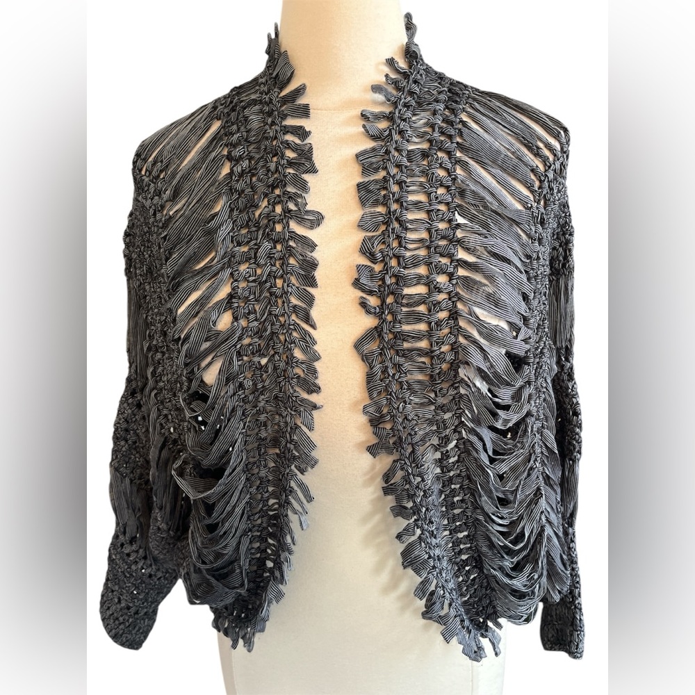 Cartise Black & White stripe Crochet Unique Bohemian Open Cardigan Size Medium